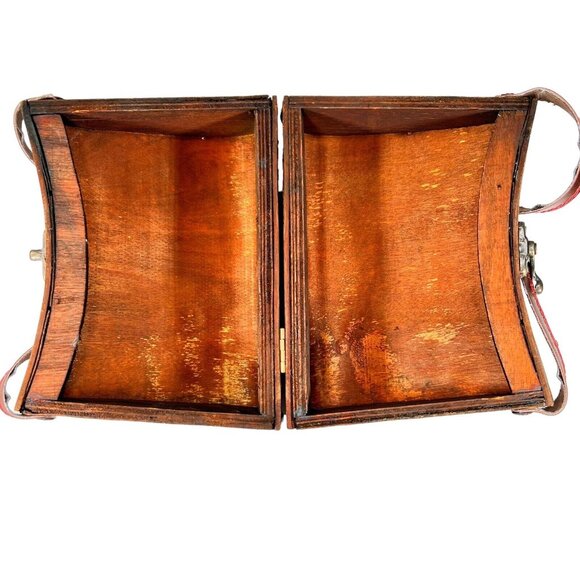 Vintage Wooden & Woven Leather Handbag Purse Brass Latch Hinges Straps - Picture 8 of 16